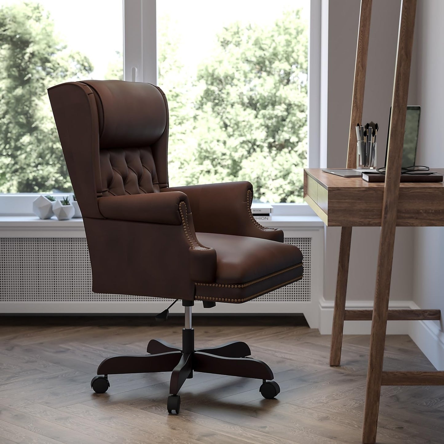 Flash Furniture High Back Traditional Tufted Brown LeatherSoft Executive Ergonomic Office Chair with Oversized Headrest & Nail Trim Arms