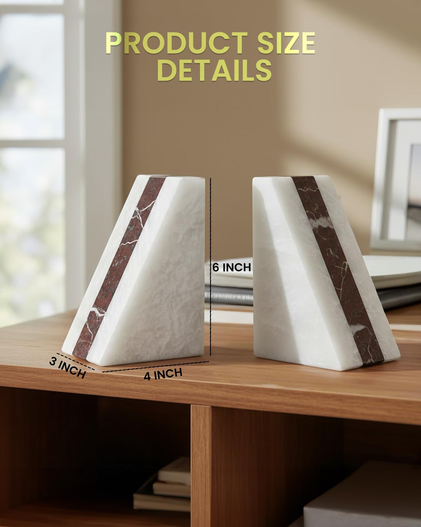 UrbanFocal White Marble Bookend 6" - Book Stoppers for Bookshelves - Modern Decorative Marble Bookends for Home and Office, White