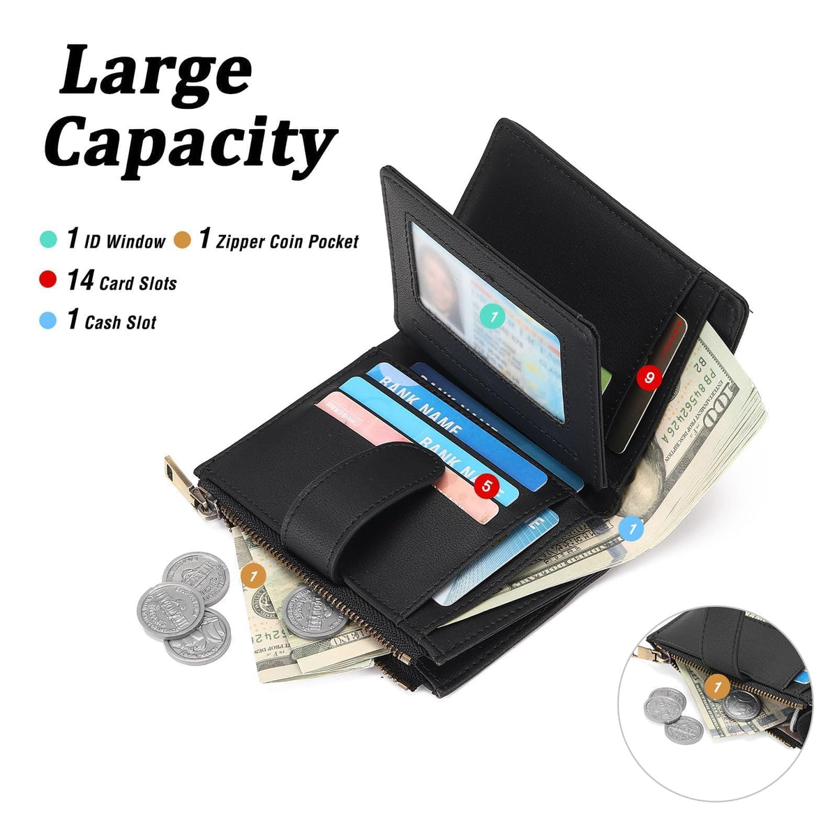 GAEKEAO Small Wallet Women Vegan Leather RFID Blocking Bifold Ladies Compact Card Holder with Zipper Pocket & ID Window
