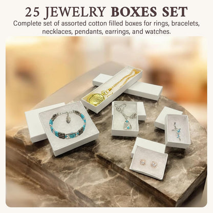 RJ Displays 50 pack Assorted Size White Paper Cardboard Cotton Filled Jewelry Gift Box for Ring, Earring, Charm, Pendant, Necklace, Bracelet, Bangle, Anklet, Belt Buckle, Brooch, and Watch