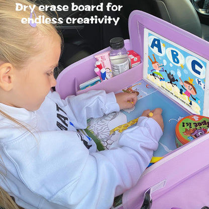 MENZOKE Kids Travel Tray for Toddler Car Seat, Toddler Gift for Girl Activities with Dry Erase Board & iPad Holder Stand, Road Trip Essentials Accessories Lap Tray for Girl as Birthday Gift, Purple