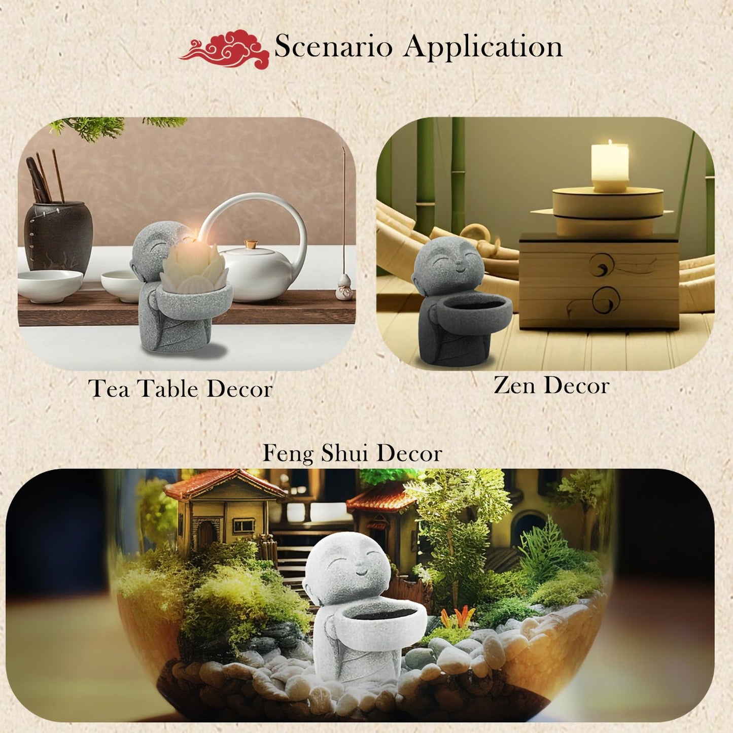 ZKSYLSM Sandstone Buddha Statue Candle & Incense Cone Holder, Small Jizo Figurine for Home Decor, Tiny Buddha Zen Monk Tealight Holder for Desk, Shelf or Nightstand, 3.5" H Mini Stone Decor Gift