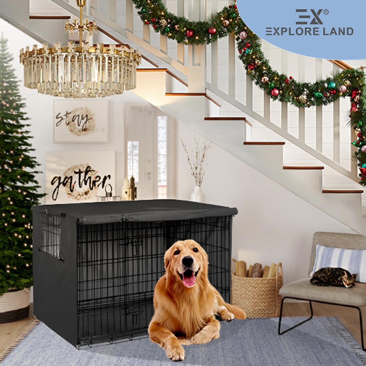Explore Land Dog Crate Cover Durable - Polyester Pet Kennel Cover Universal Fit for 24-48 inches Wire Dog Crate (36 Inch (Pack of 1), Black Cover)