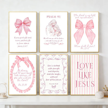 Pink Christian Wall Art Decor Posters Pink bow scriptures Inspirational Bible Wall Decor Room Bedroom Bathroom Dorm Wall Art Decor for College Teen Girls Gifts 10x8 Inch Set of 6pc Pictures UNFRAMED