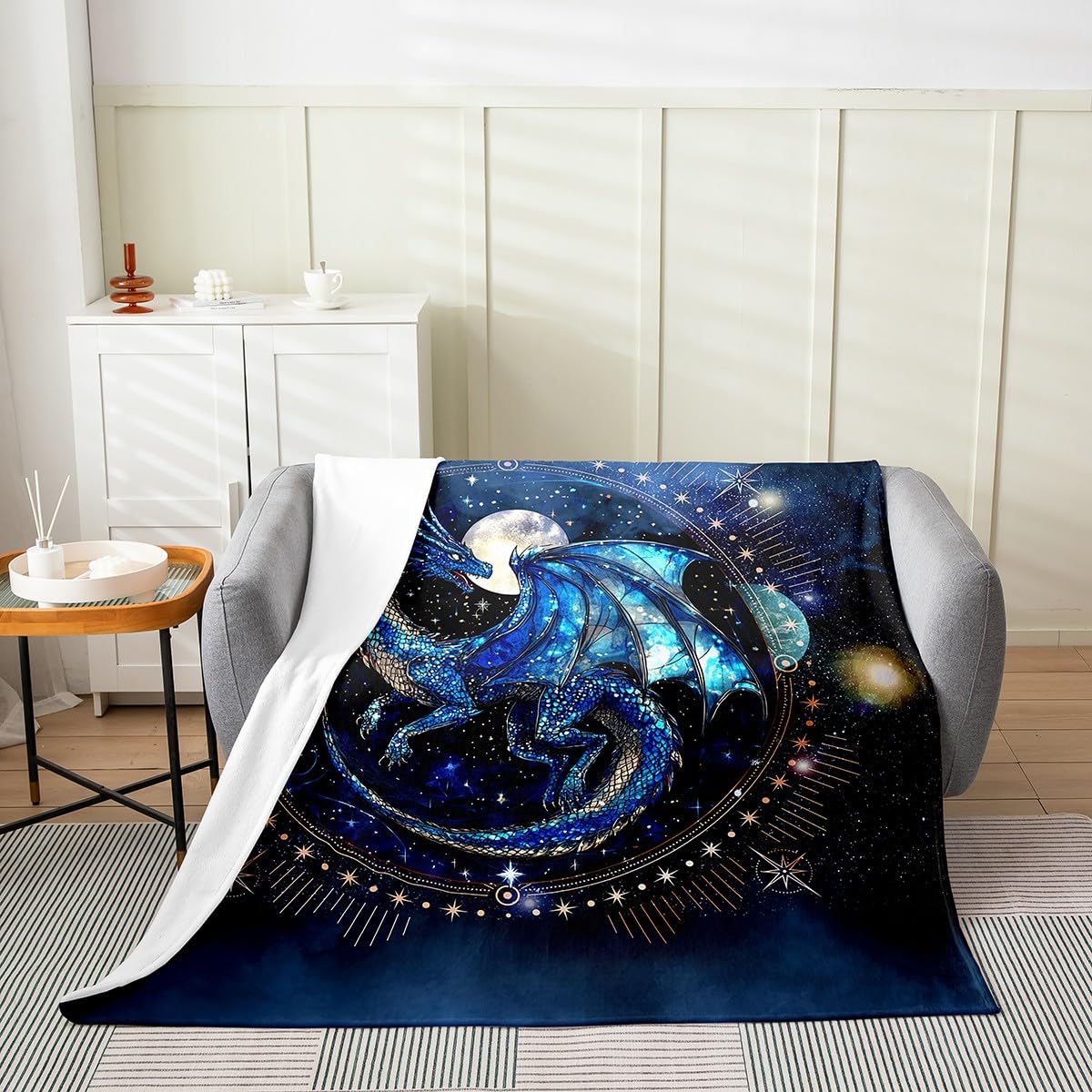 Feelyou Dragon Plush Throw Blanket Queen 90"x90" Dragon Stuff Flannel Fleece Blanket for Boys Girls Teens Luxury All Season Bed Blanket Dragon Decor Blanket Room Decor Blue Black