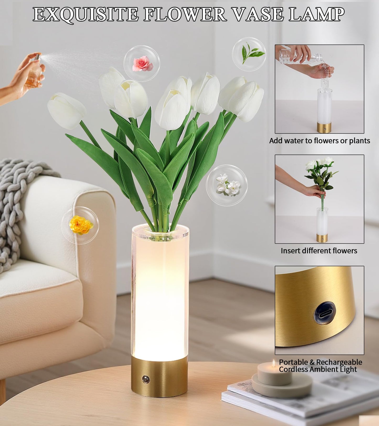 AIHYING Flower Night Light,Touch Vase Lamp,Rechargeable Cordless Table Lamp,Dimming Small Mood Lighting for Dining Table/Bed Room/Bathroom/Closet,Gifts for Women/Mom, Artificial Tulips Included