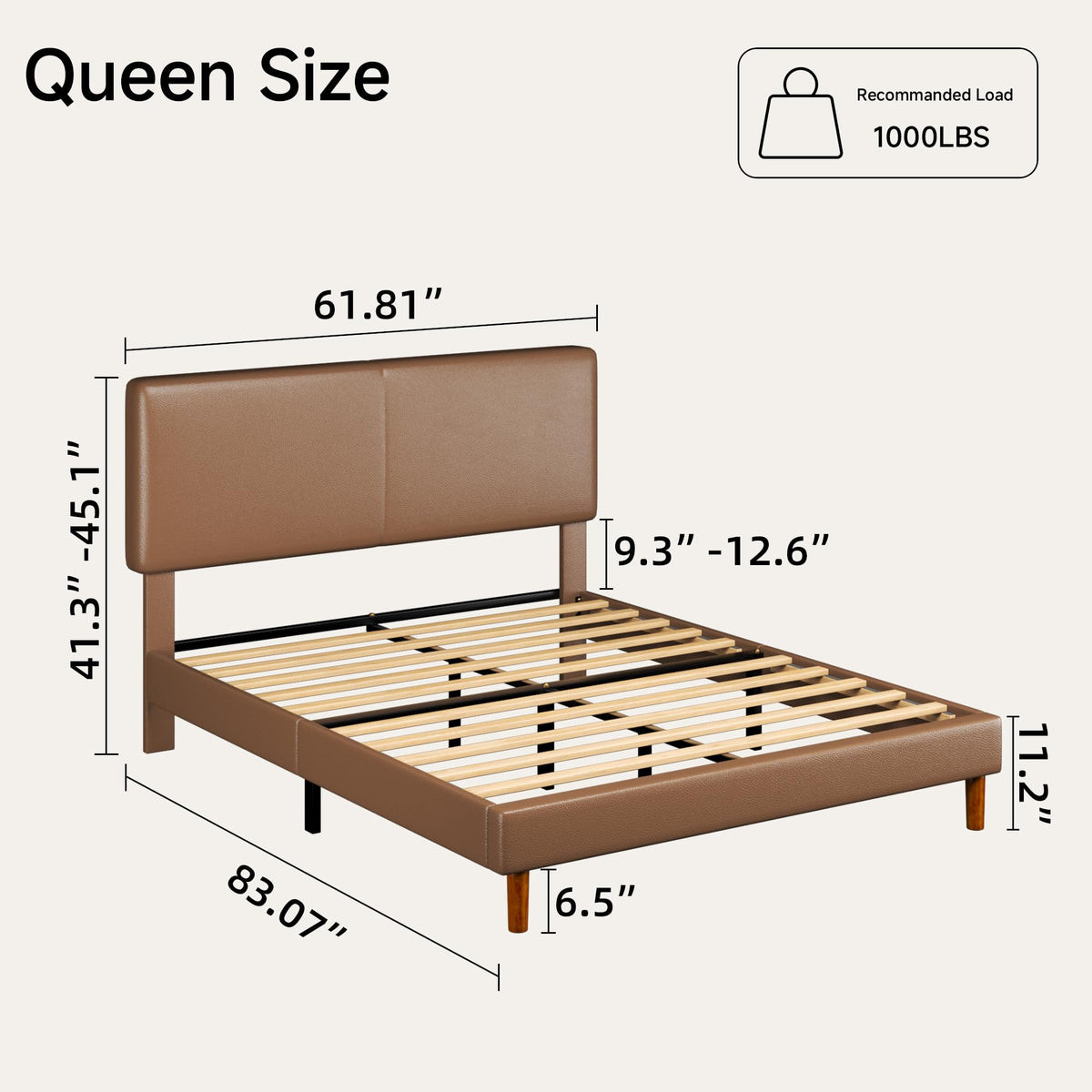 Lcwtvgxr Queen Upholstered Platform Bed Frame with Headboard, Faux Leather Modern Bed Frame with Wood Slat Support, No Box Spring Needed, Easy Assembly, Brown