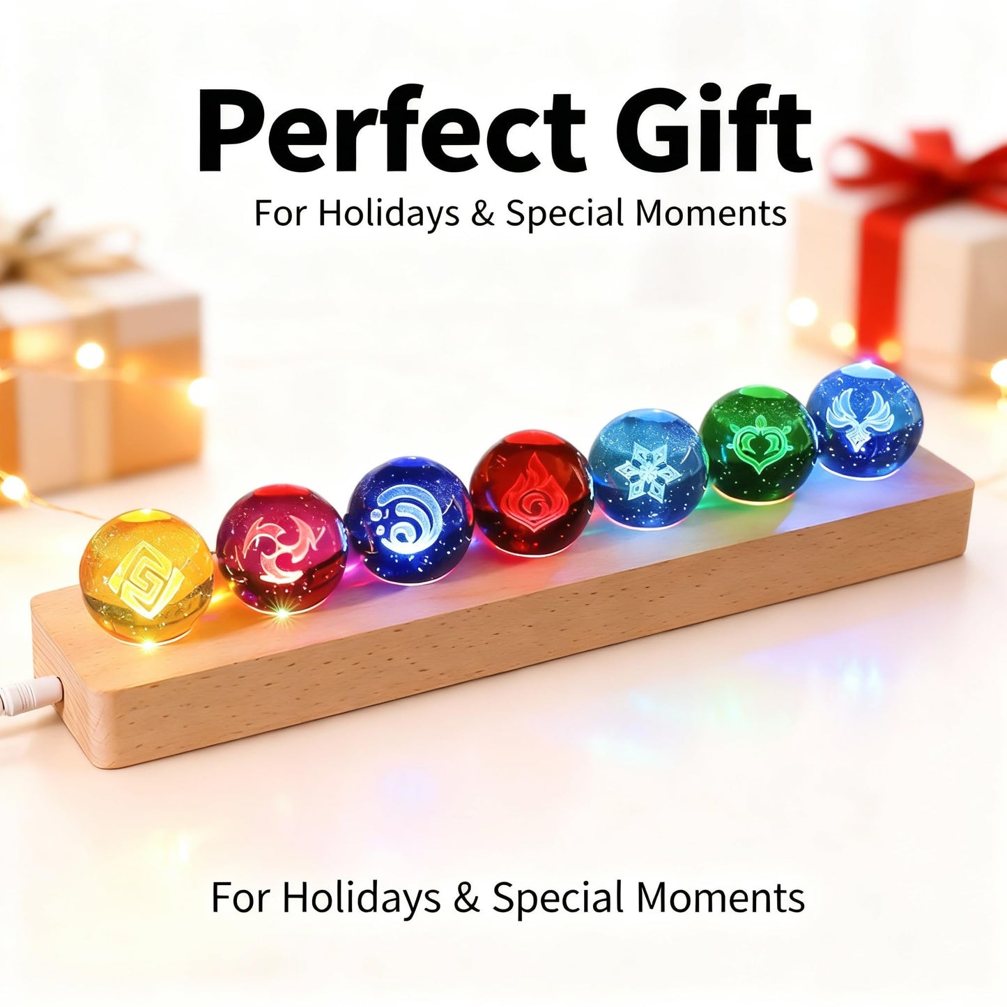 Huniruyo 40mm Crystal Quartz Stones 7 Chakra Natural Healing Spheres with LED Wooden Stand for Meditation Positive Energy Night Light Decoration Balls Set,Suitable for Home Decoration (Cultural)