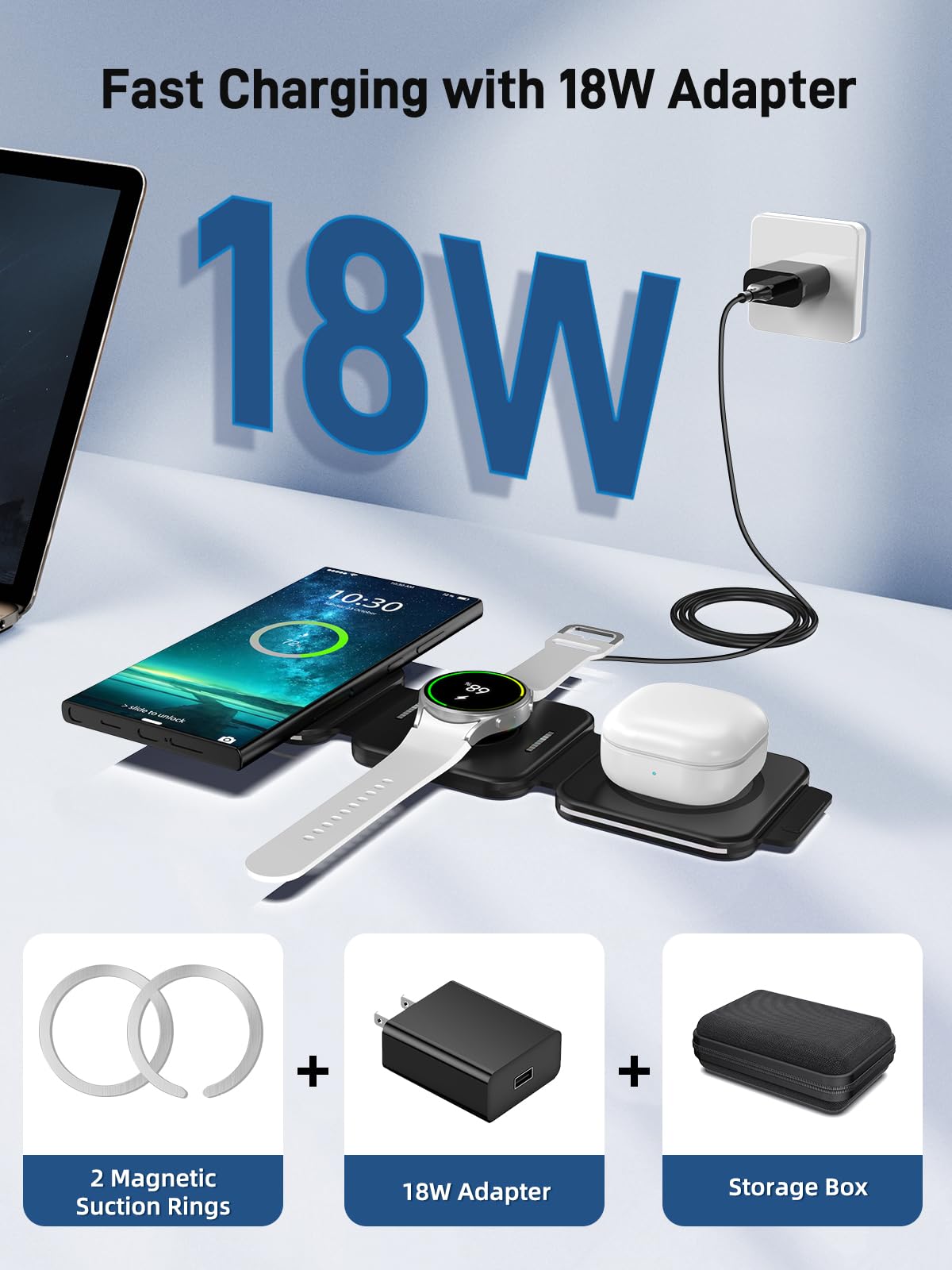 Magnetic Wireless Charger for Samsung, 3 in 1 Charging Station for Samsung Galaxy S26 Ultra/S25 Ultra, Magnetic Foldable Charger for Travel, Wireless Charging Pad for Galaxy Watch 8/Ultra/Buds 4/4 Pro