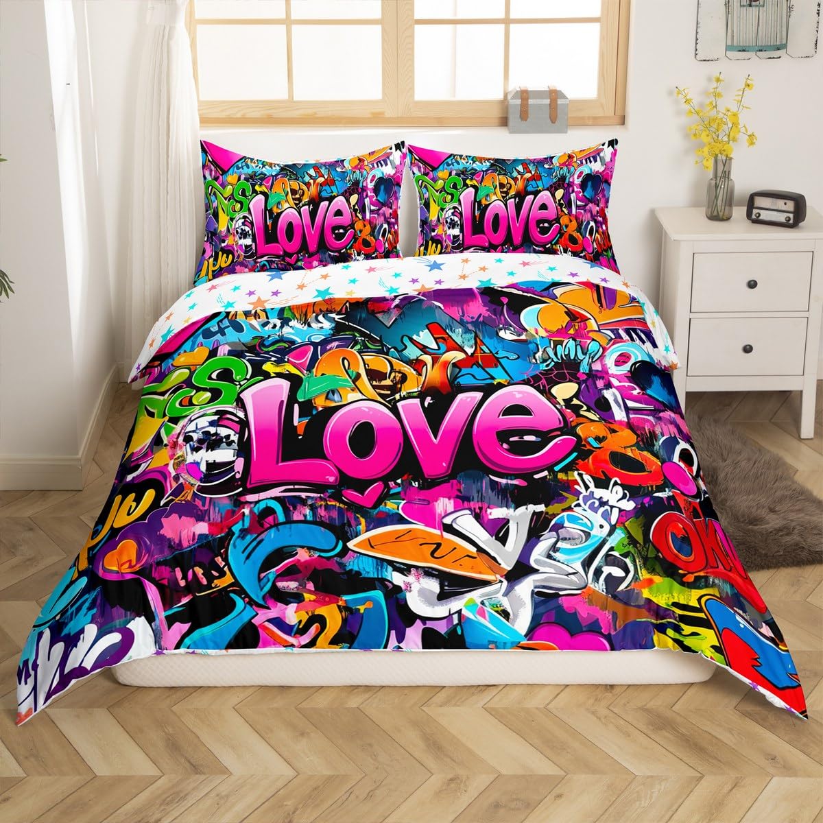 Feelyou Hippie Graffiti Duvet Cover Hip Hop Sports Bedding Set for Kids Boys Teens Rock Music Comforter Cover Set Trippy Abstract Art Quilt Cover with 2 Pillowcases King Size