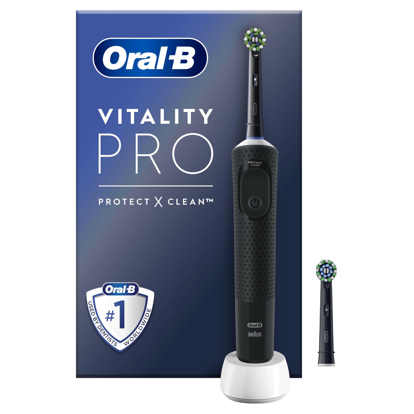 Oral-B Vitality Pro Electric Toothbrushes for Adults, for Him/Her, 1 Handle, 2 Toothbrush Heads, 3 Brushing Modes Including Sensitive Plus, 2 Pin UK Plug, Black (Packing May Vary)