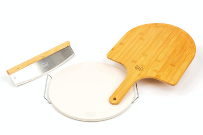 Cuzi Gourmet XL 4-Piece Pizza Stone Set - 15" Thermal Shock Resistant Cordierite Baking Stone, 22" Natural Bamboo Peel & Cutter Rocker - Large Stone for Grill and Oven