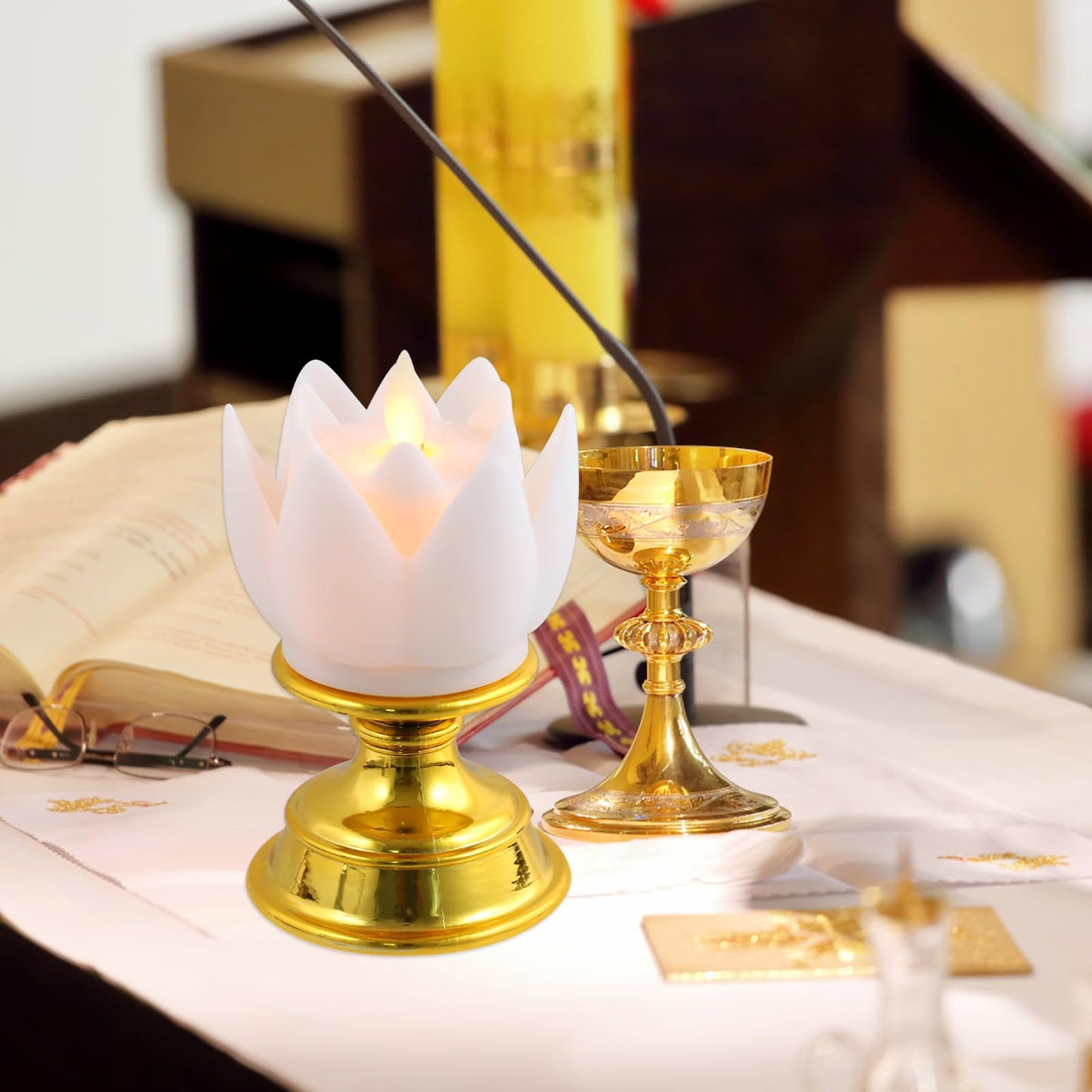 Garneck 2 PCS LED Lotus Buddhist Lights - Buddhist Supplies Altar Lamp - Pure White Buddhist LED Fake Oil Light - Vintage LED Candles Buddha Occasions