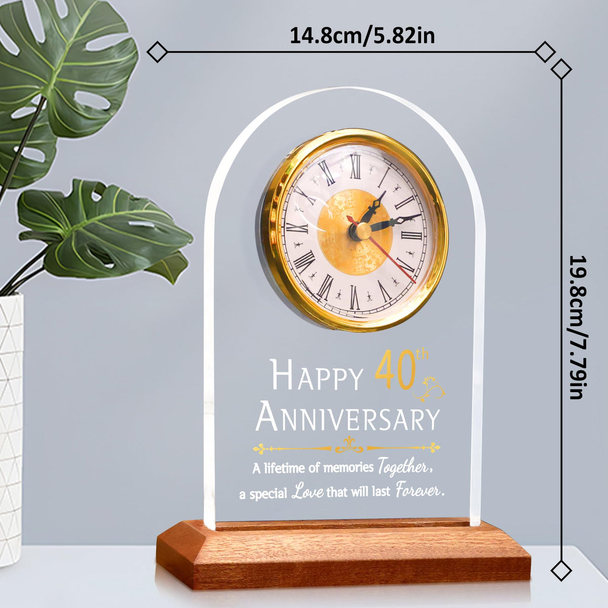 OkiyiD 40th Wedding, Light Up Anniversary Clock with LED Wooden Base for Couples Parents Bedroom Decor, Happy 40th for Husband Wife