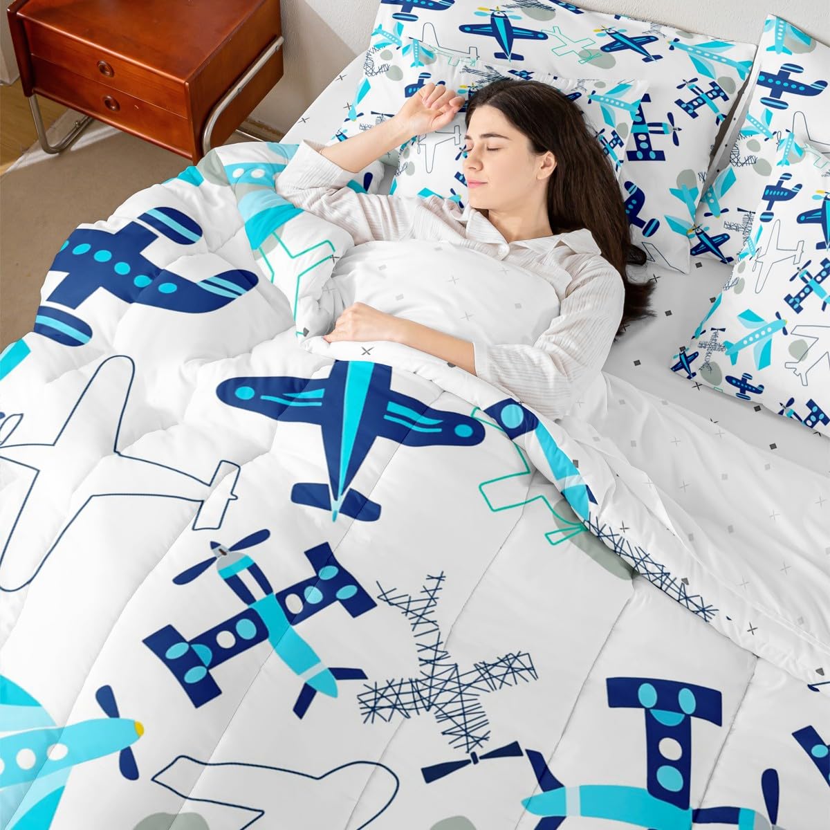 Erosebridal Kids Airplane Twin Bedding Set 7-Piece Aircraft Bed in A Bag with Sheets for Kids Boys Teens Aviation Theme Cartoon Comforter Set Teal Blue Airplanes Bedding Comforter Sets
