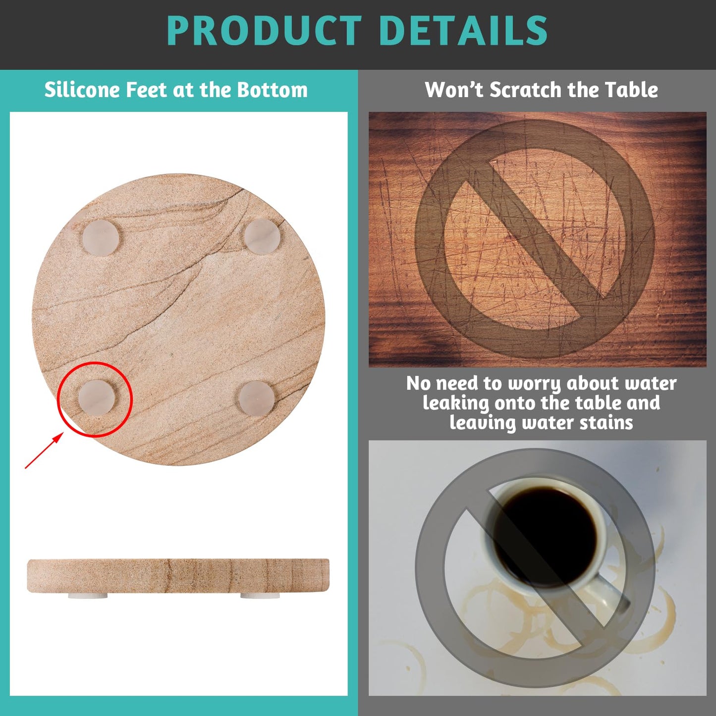Natural Sandstone Coasters Set of 4 with Holder, 4 in Dia Drink Coasters for Coffee Table, Water Absorbent & Heat Resistant Cup Coaster for Home & Office, Christmas Birthday Gift