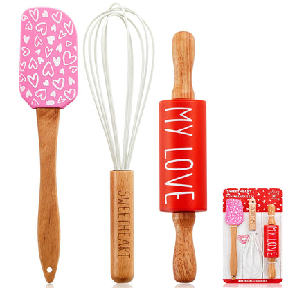 Fuutreo Valentines Holiday Mini Bake Set with Mini Spatula, Whisk and Rolling Pin, Sweetheart Pattern, Heat Resistant, Valentine Sweet Gift Bake Set for Baking Cooking Sauteing Mixing Serving Stirring