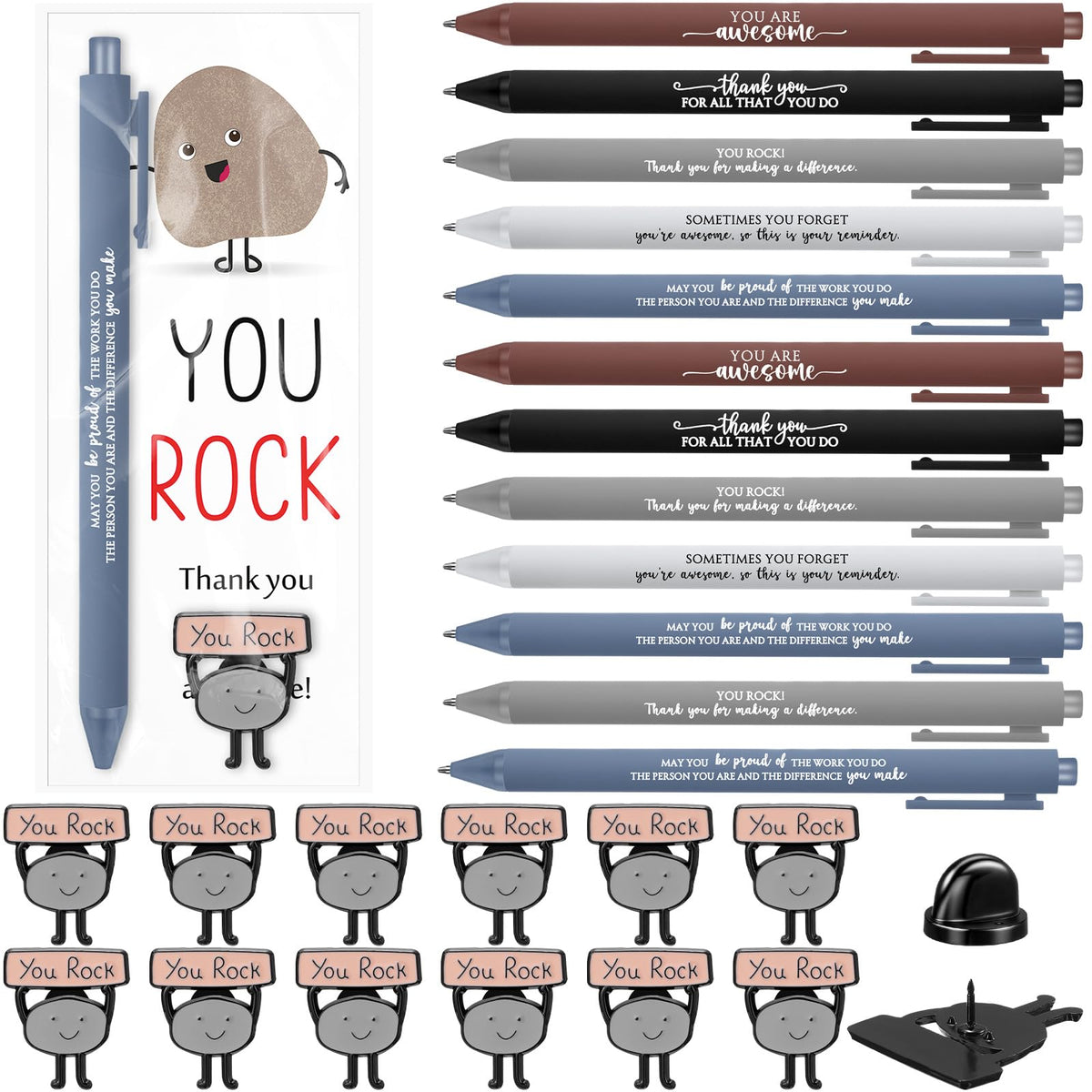Sayglossy 24 Sets Employee Appreciation Funny Gift Motivational You Rock Gifts Bulk Ballpoint Pens Inspirational Cards Brooch Pin Organza Bags Inspirational Gift for Coworker Staff