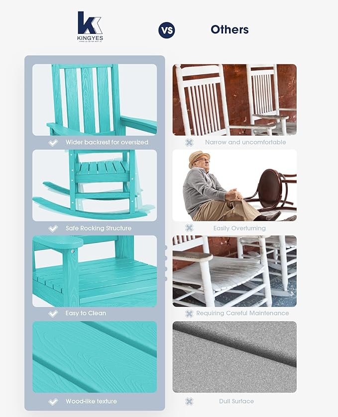 KINGYES Oversized Outdoor Rocking Chair Set of 2, All-Weather Patio Rocking Chairs for Porch, HDPE Outdoor Patio Rockers with High Back & Wide Seat for Garden, Lawn, Aruba