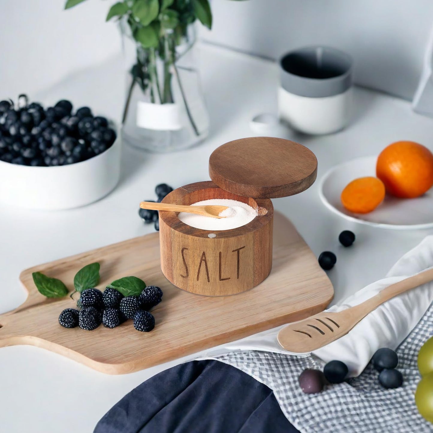 Acacia Wood Spice Box with Swivel Lid and Built-in Spoon for Kitchen Countertop, Farmhouse Kitchen Decoror for Storing Salt, Peppers, Sugar or Seasonings (Labeled “SALT”)