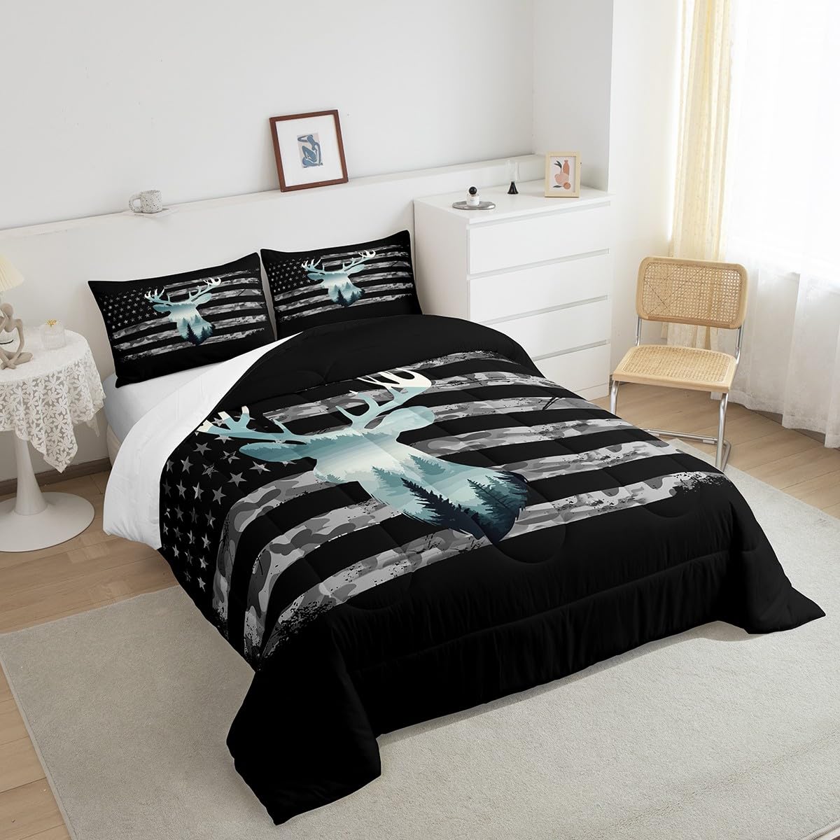 Feelyou Deer Hunting Comforter Set Full, Camo Deer Hunting Bedding Set for Kids Forest Smoky Deer Comforter American Flag Deer Duvet Set with 2 Pillow Case