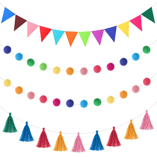 Irenare 9.8 ft Christmas Pom Pom Garland Rainbow Pennant Banner Colorful Felt Tassel Banner Christmas Tree Decoration Pompom Party Garlands for Classroom Home Mantel Fireplace Birthday(Multicolor)