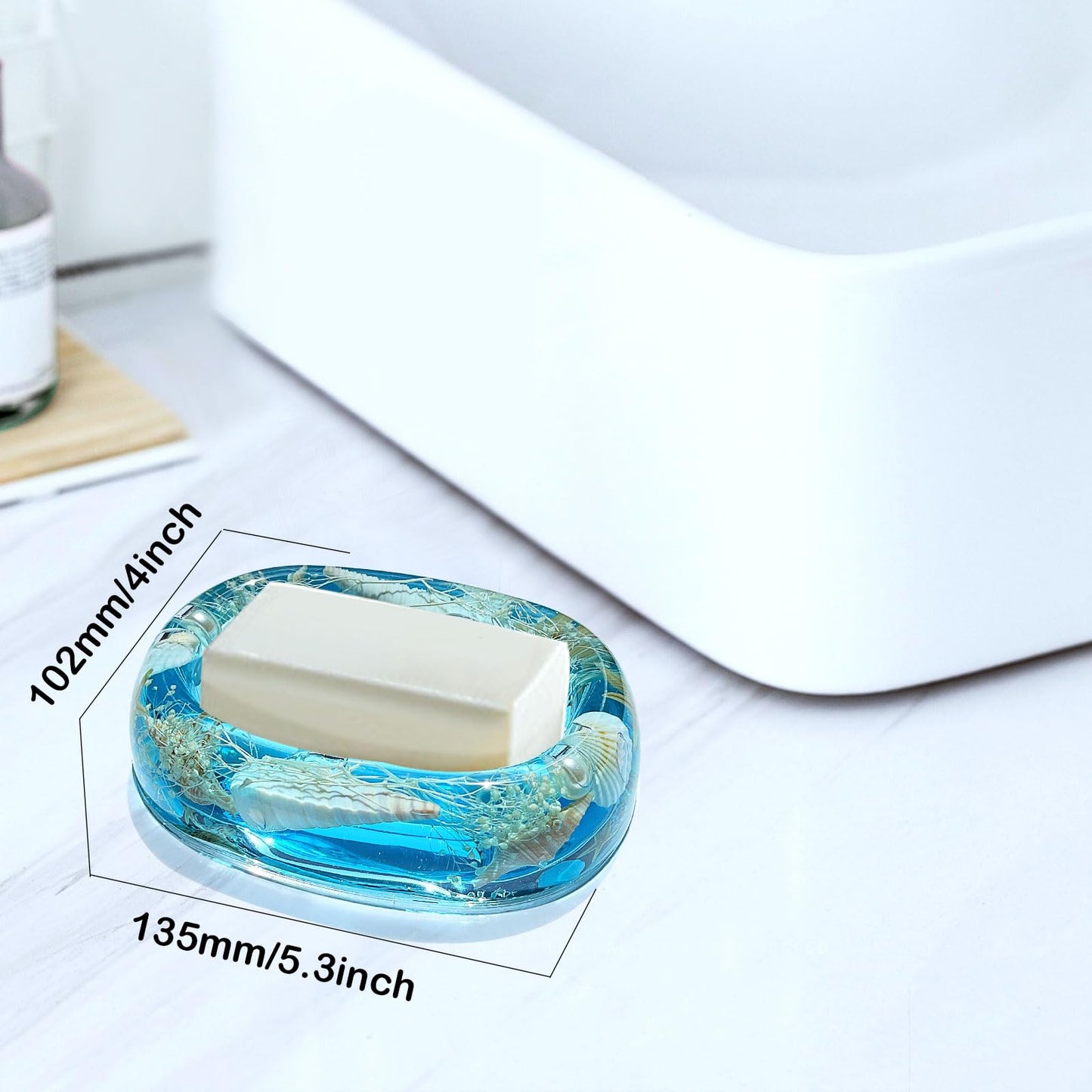 FONMY Soap Dish Acrylic w/Nature Seashell Bar Soap Holder Shower Soap Tray for Home, Camping Travel, Dry Stop soap Saver for Bathroom Vanity Countertop Office Unique Gifts and Home Decoration (Blue)
