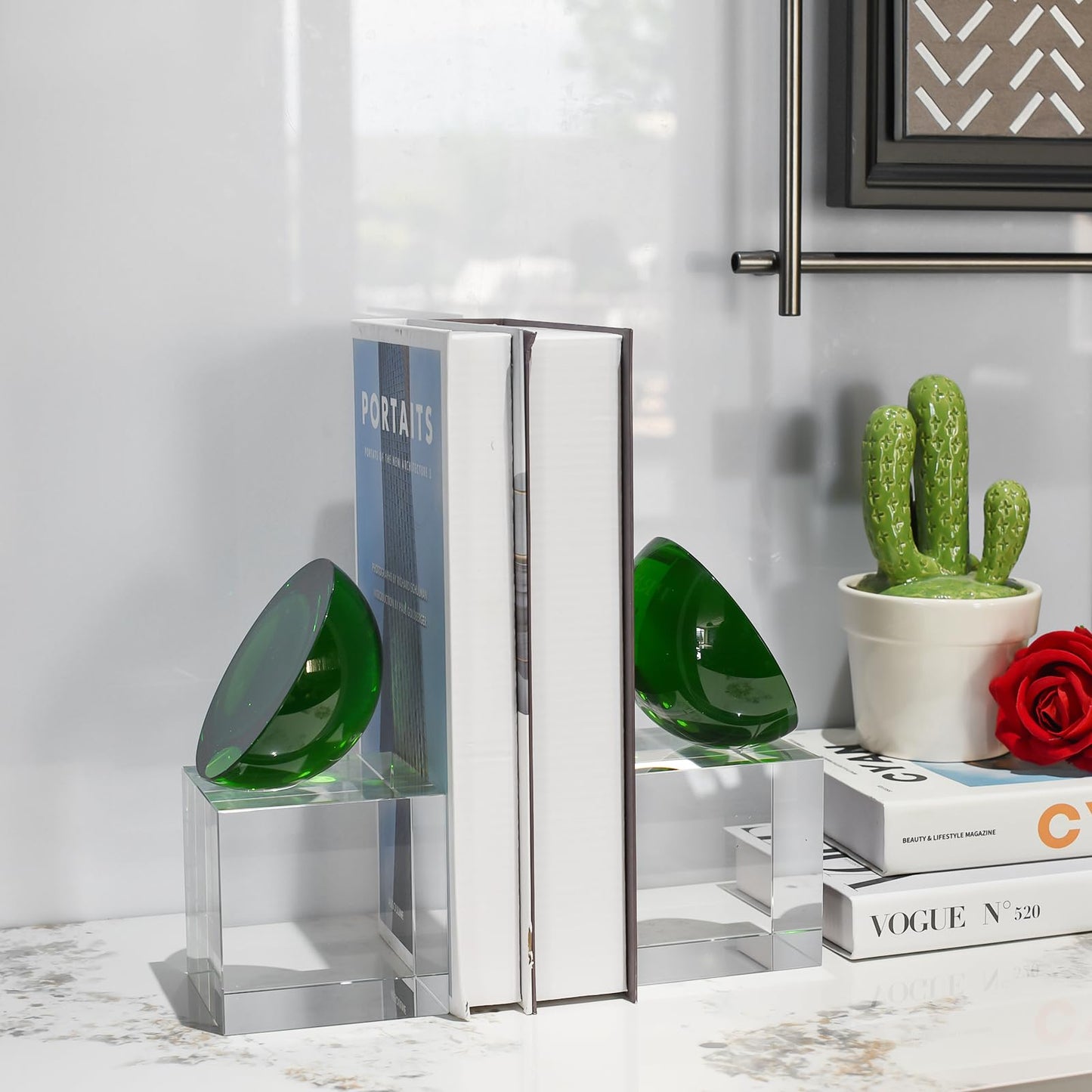 Kitcom Handmade Crystal Bookends Green, 1 Pair of Decorative Tabletop Bookends for Office, Home, Desk, Comes with Gift Box