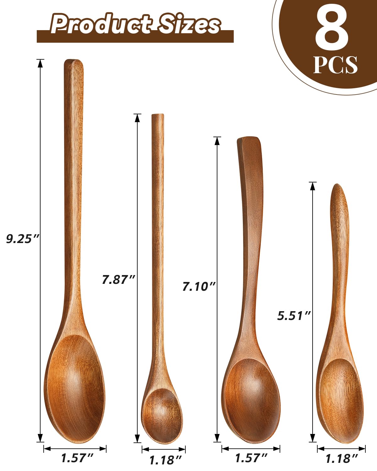 MORGLES 8Pcs Small Wooden Spoons Set – 4 Sizes & Shapes for Honey, Coffee, Tea, Soup & Oatmeal | 2 Round Spoons Included | Handcrafted, Food-Safe Finish