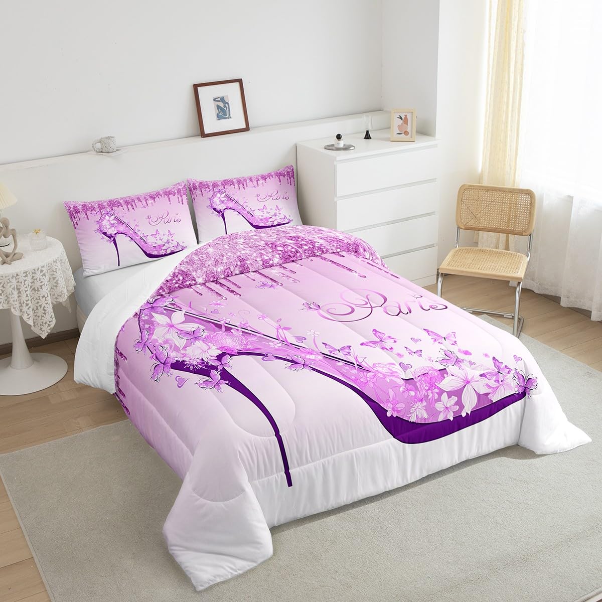 Purple High Heels Comforter Set Queen Size,Romantic Cherry Blossoms Butterfly Paris Bedding Set for Girls Woman Couple Room Decor,Fantasy Glitter Quilt Set Valentine Day Duvet Insert,3pcs