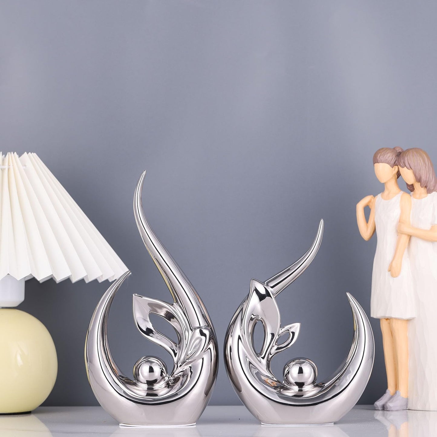 XMGZQ Silver Ceramic Statues for Home Décor Accents,Abstract Art Mid Century Modern Decor,Elegantes Centerpiece Table Decorations,Chrome Sculpture for Entryway,Shelf,Tv Stand,Mantel,Coffee Table