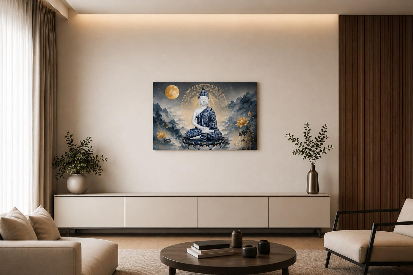 ICE ARMOR Large Blue Buddha Moon Wall Artwork 24x36 Inch Frameless Meditation Spiritual Decor for Living Room Bedroom Zen Space Canvas Ready to Hang