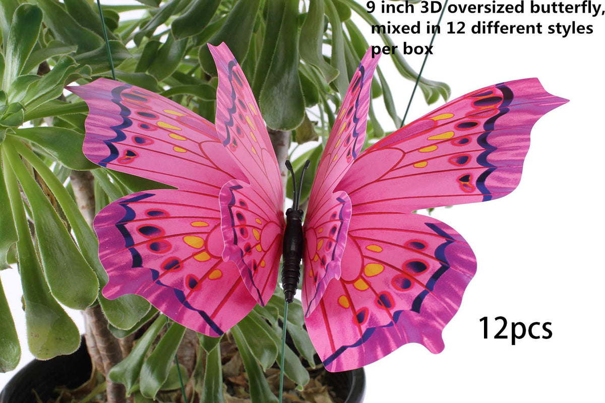 Giant Butterfly Garden Stakes Decorations Outdoor 3D Butterflies Lawn Decorative Yard Decor Patio Accessories Ornaments PVC Gardening Art Christmas Whimsical Gifts (Pack of 12)