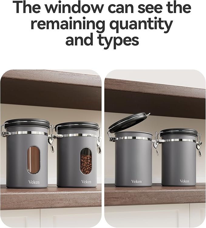 Veken Coffee Canister with Window, Airtight Stainless Steel Kitchen Food