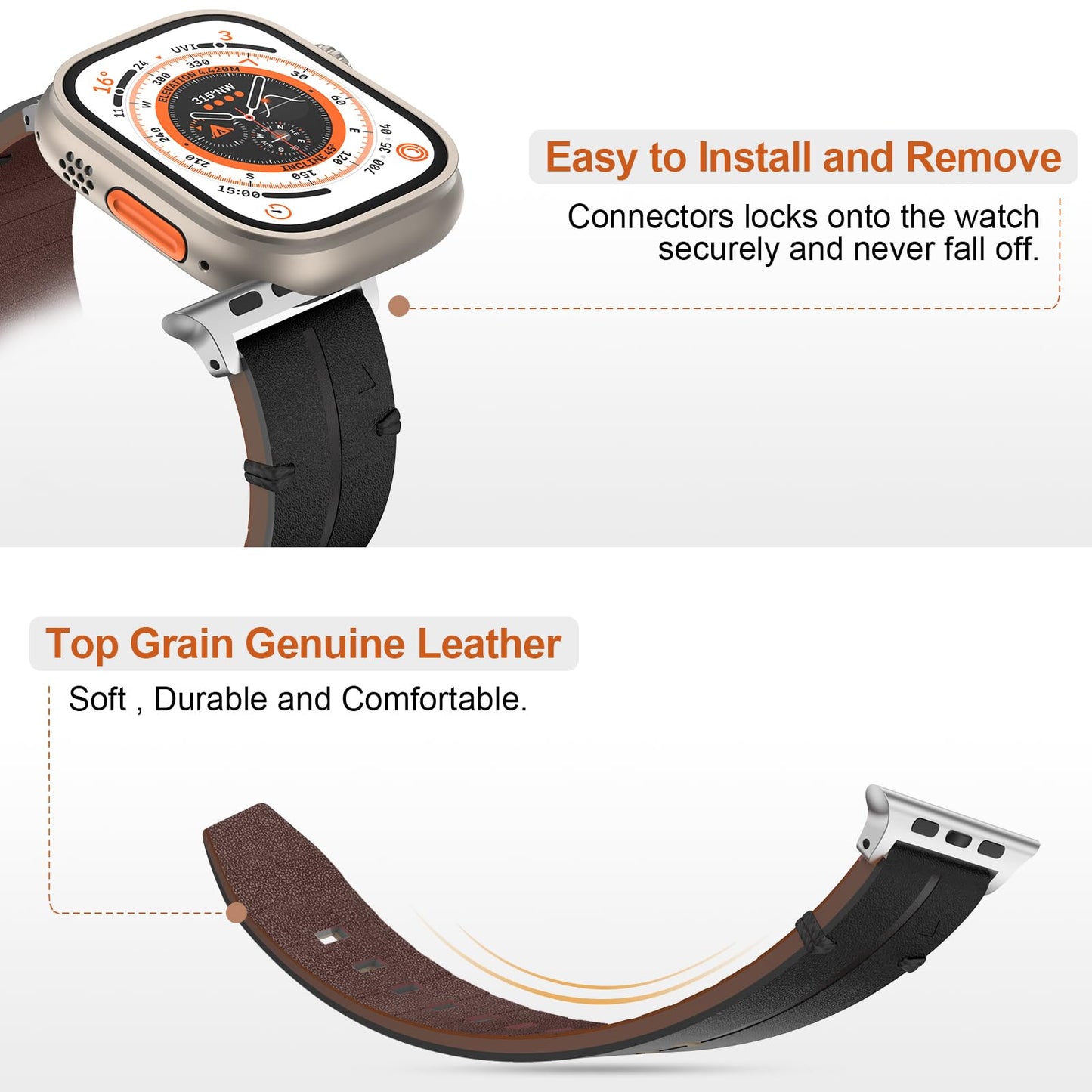 Leather Strap Apple Watch Ultra 49mm, Genuine Leather Wristband Adjustable Bracelet Replacement Strap for Apple Watch SE, iWatch Ultra 2 Ultra Series 9 8 7 6 5 4 3 2 1