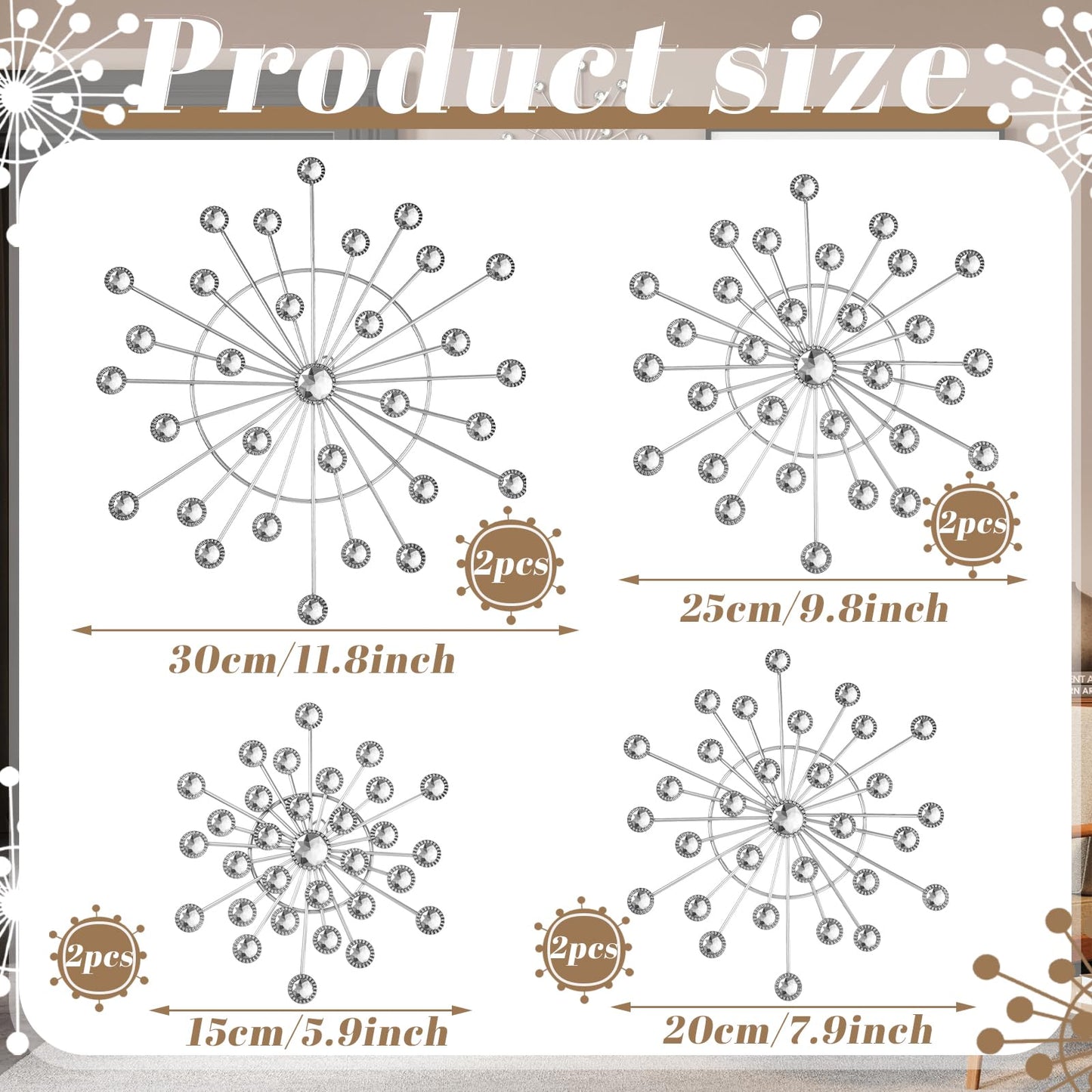 MorningRo 8 Pcs Metal Wall Decor Bling Crystal Wall Art Cast Iron Rhinestones Sunburst Decor Starburst Art Hanging Diamond Accents Home Decorative for Living Room Bedroom Entryway