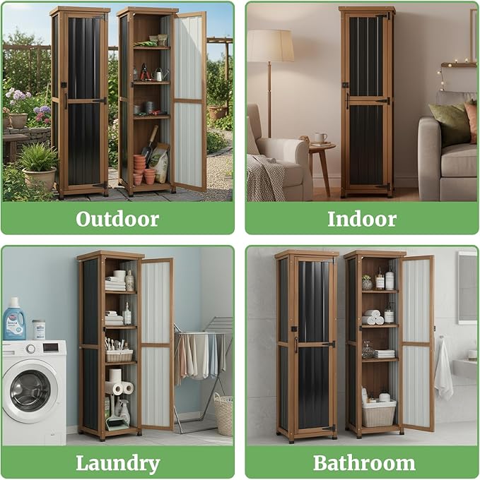 62" H Outdoor Corner Storage Cabinet with Lockable Doors, Outdoor Indoor Small Storage Cabinet with Metal Top, 3 Adjustable Shelves for Patio, Porch, Entryway or Small Spaces