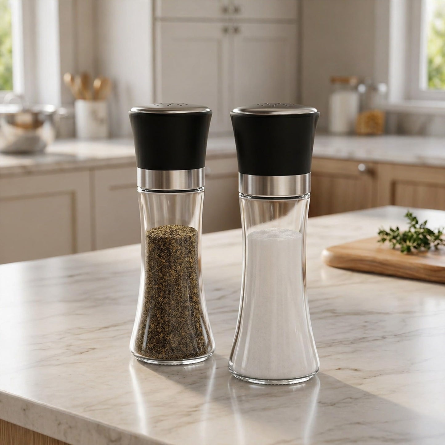 Restaurantware Vetri 6.3 Ounce Pepper Shaker, 1 Salt Shaker - Included Lid Cover, Clear Finish, Glass Spice Shaker, Refillable, Dishwashable