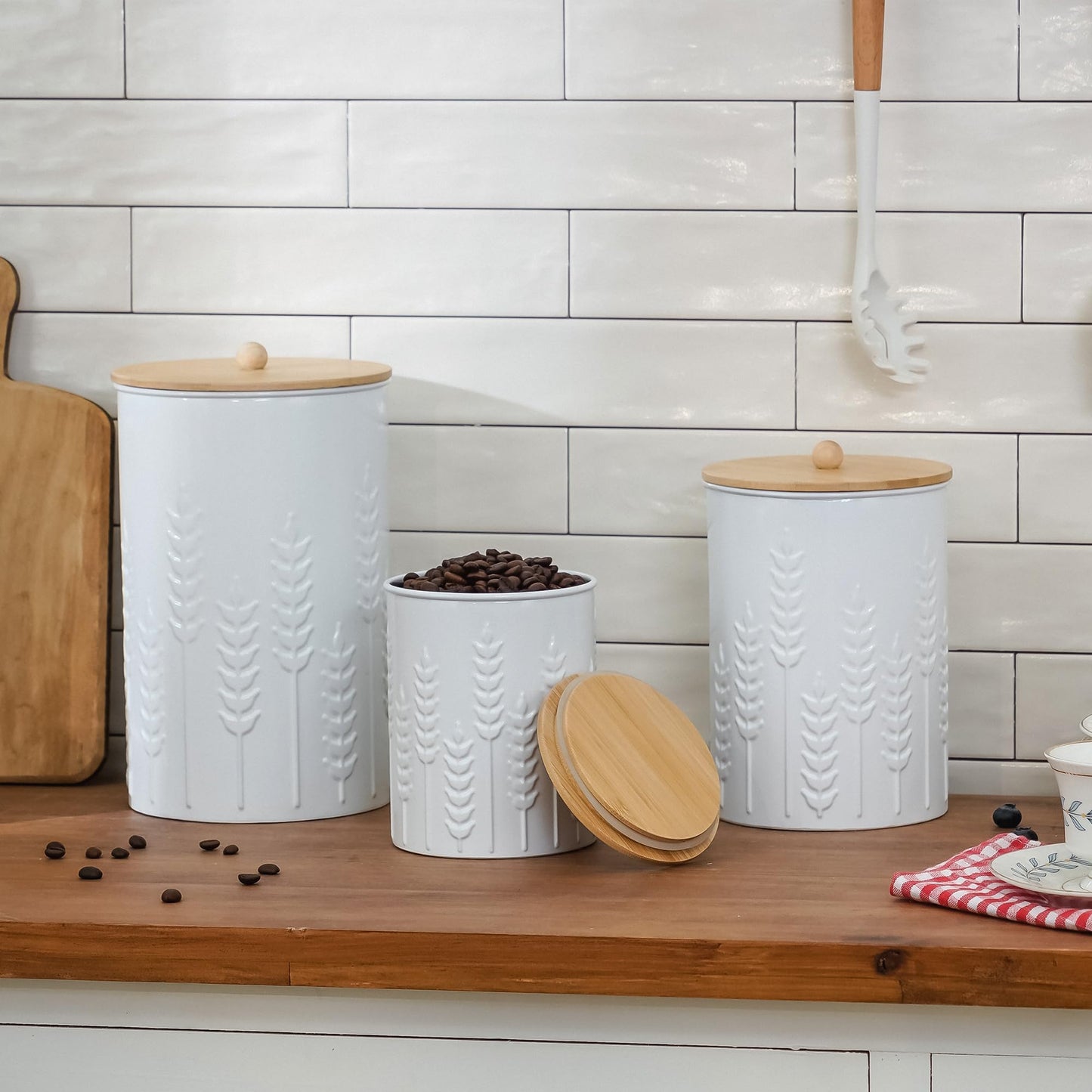 HOME PALETTE Kitchen Canister Set of 3 Tea Coffee Sugar Containers with Airtight Bamboo Lids Food Flour Storage for Countertop Metal White Ear of Wheat Pattern Embossed Farmhouse Decor