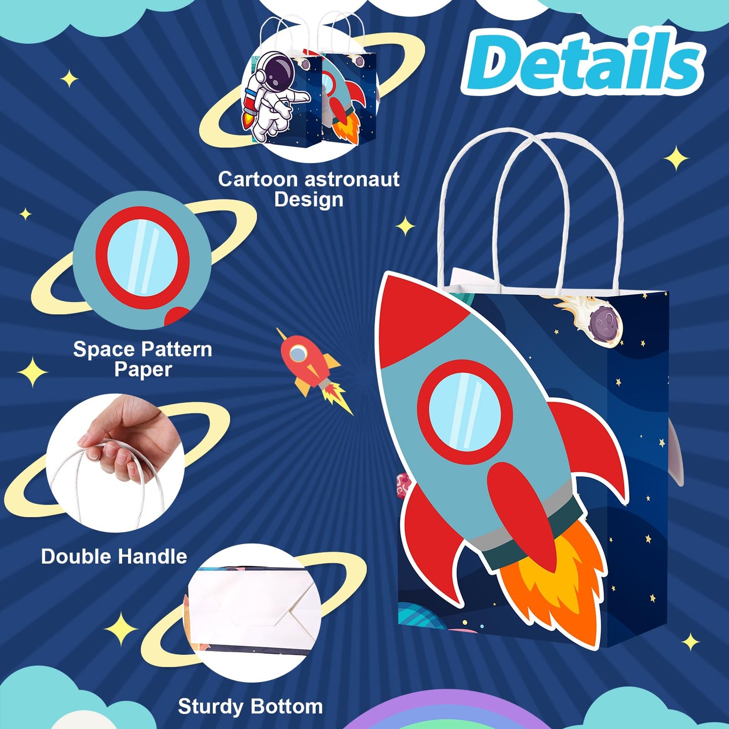 MotiMind 16 Pcs Outer Space Party Favor Bags with Handles Astronaut Gift Bags for Galaxy Space Theme Party Supplies