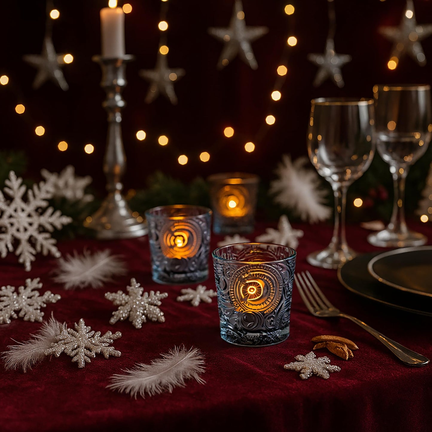 6 Pack Sun Moon Star Embossed Glass Tea Light Candle Holders - Votive Candle Holders for Wedding, Party, Home Decor, and Table Centerpieces (Gray)