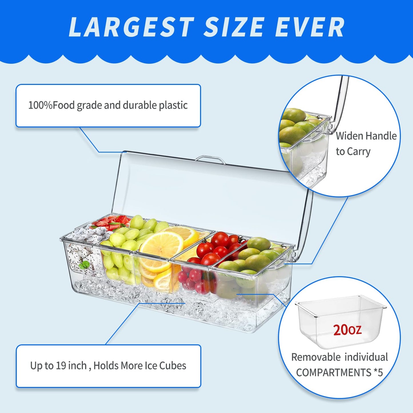 Large Ice Chilled Condiment Caddy，Chilled Condiment Containers Server with Lids for 5 Removable Compartments (2.5 cup)，Serving Platters , Fruit & Garnish Tray for Party Supplies & Bar Accessories