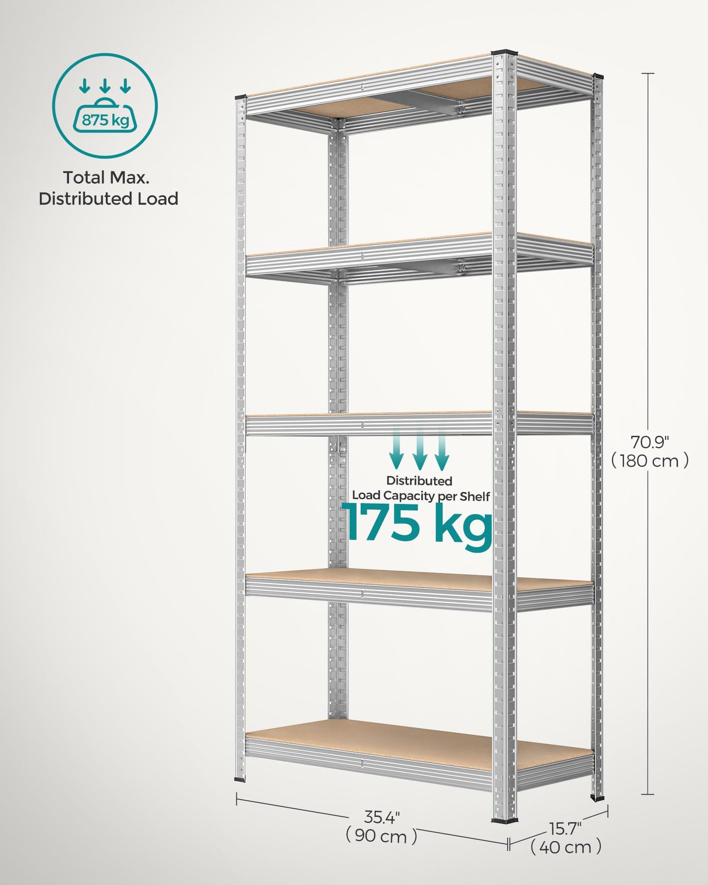 SONGMICS 5-Tier Heavy-Duty Shelving Units, Set of 2 Steel Shelving Units for Storage, Boltless Assembly, for Garage, Shed, Load Capacity 875 kg, 40 x 90 x 180 cm, Silver GLR040E02