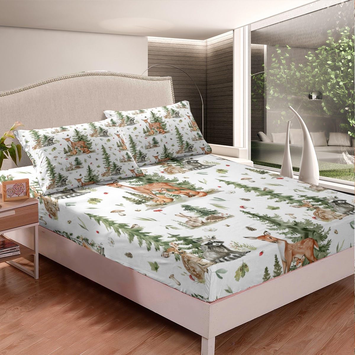 Cute Deer Fox Kids Fitted Sheet Queen Size,Mushroom Pine Trees Rustic Farmhouse Bedding Set,Boys Girls Adults Room Decor,Cartoon Rabbits Hedgehogs Bed Cover,Bright Bed Sheet,2 Pillowcases