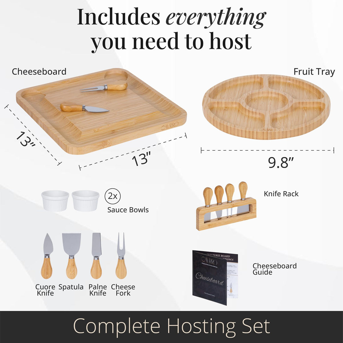 Charcuterie Board Set Bamboo with Cheese Knives and Bowls, Large Wooden Serving Platter for Entertaining, Housewarming and Wedding Gift by Cavrro
