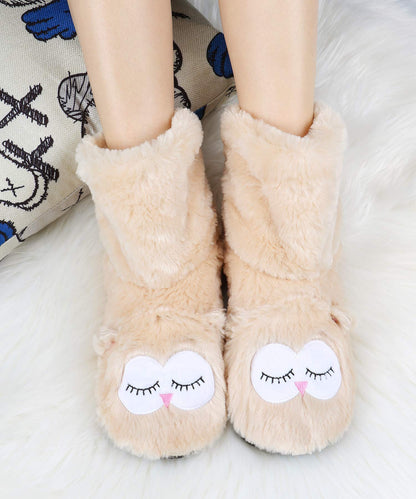 Panda Bros Slipper Socks for Women Cozy Warm Lined Fuzzy Sock Slippers Indoor Booties with Non Slip Grippers(Beige owl,5-7.5)