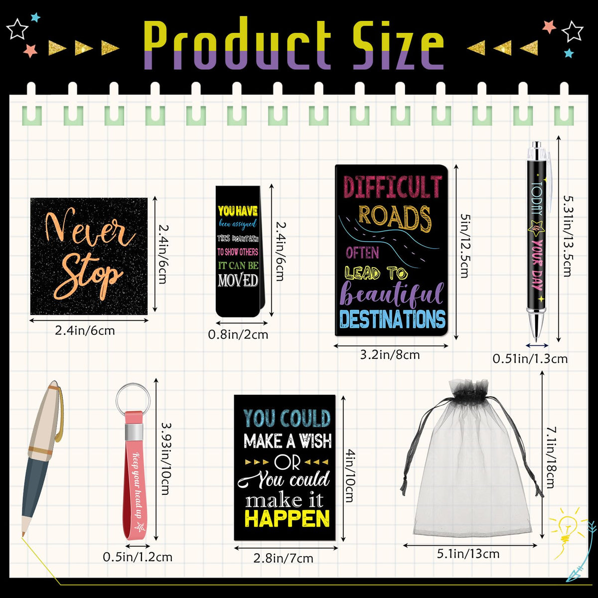 Pasimy 218 Pcs Inspirational Stationery Gifts Motivational Mini Notepad Pen Quote Bookmarks Stress Relief Stickers Inspiring Silicone Keychains for Home Office Appreciation Gift(Dark)