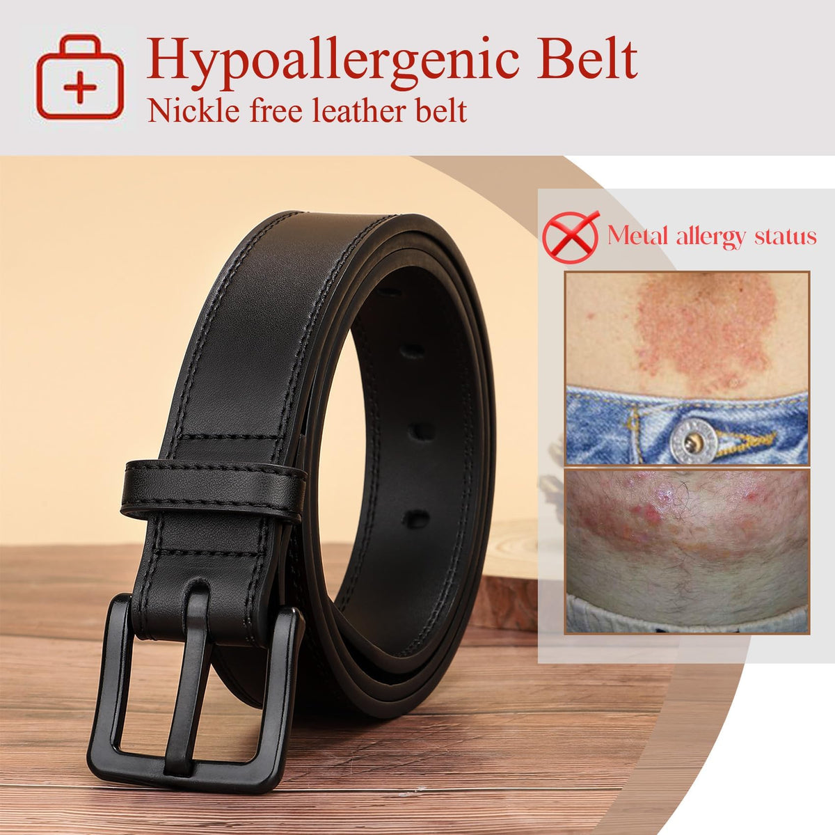 XZQTIVE Men’s Metal Free Belt Hypoallergenic Leather Belts For Jeans Dress Nickle Free TSA Belt With Black Buckle