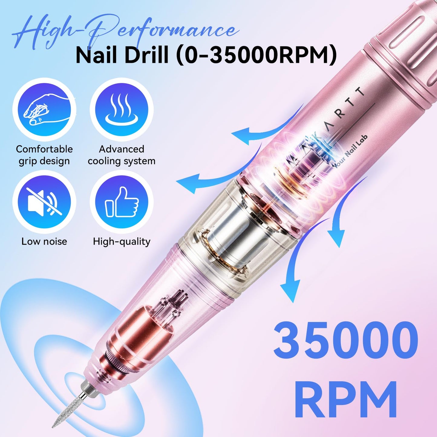 Makartt Electric Nail Drill - 35000RPM Rechargeable Efile with Coreless Motor, Nouvella Portable Nail Filer Machine for Acrylic Gel Removal with Drill Bits Set, Black