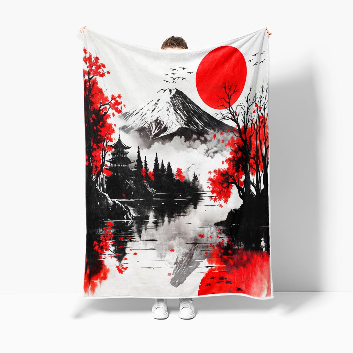DYNH Japanese Mount Fuji Red Maple Leaf Red Sun Lake Reflection Torii Gate Ink Painting Style Throw Blanket, Cozy Fleece Blanket for Couch Bed Sofa, Asian Decor Gift for Bedroom Living Room,50X60